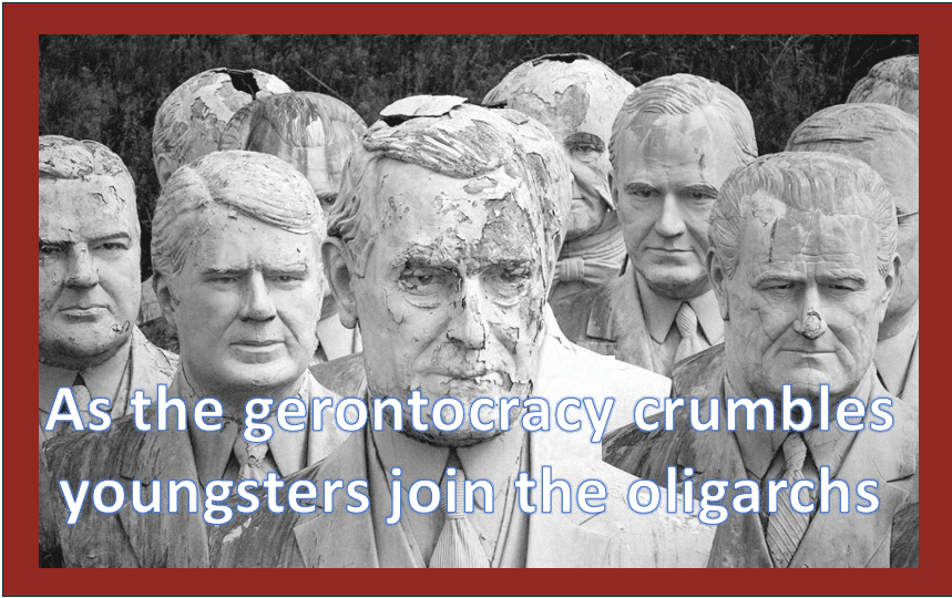 restoring democracy must handle gerontology (crumbling statues depicted) and oligarchs.