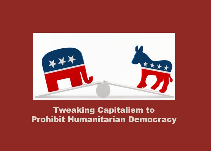 Bipartisan collusion to prohibit humanitarian democracy, pictured as a elephant and a donkey