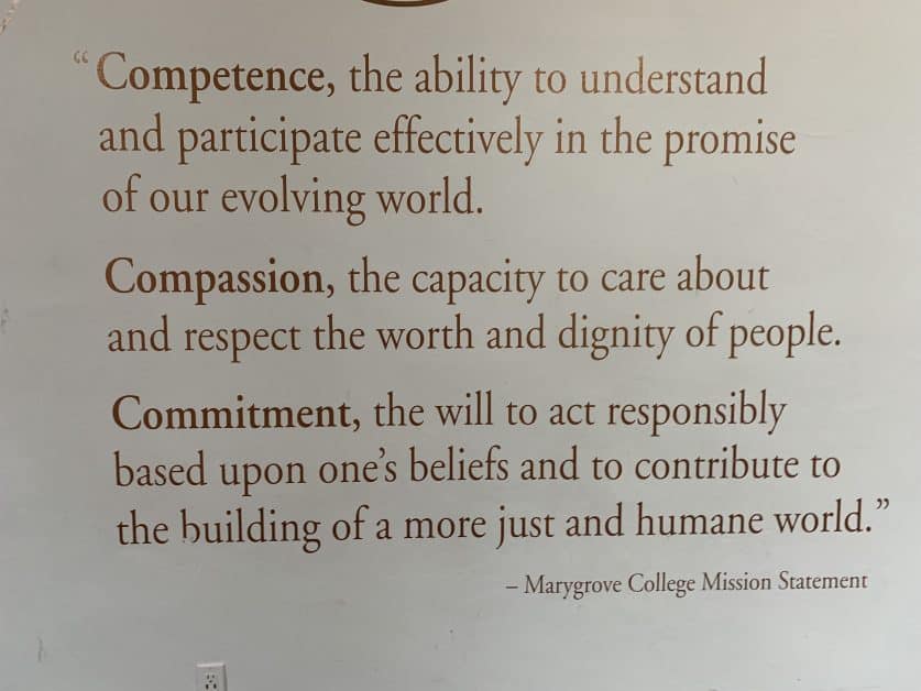 Christian Nationalist rejection session at Marygrove Conservancy, whose mission statement (pictured here) revolves around competence, compassion, and commitment.