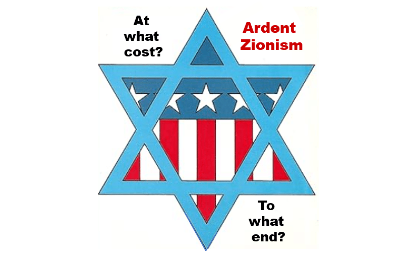 What is thhe cost and direction of the ardent zionist? Displayed by interconnected Israeli and American flags,