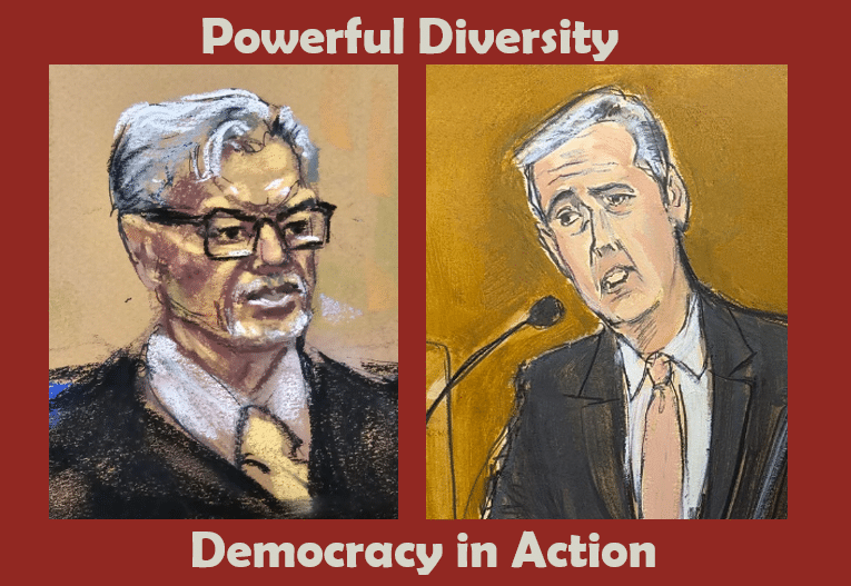 Powerful Diversity, represented by Merchan and Cohen as drawn in the courtroom.