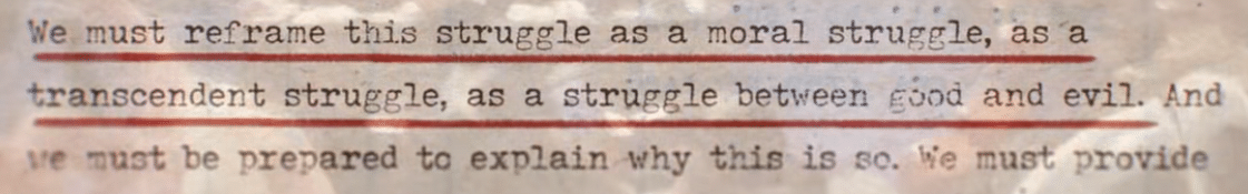 Bad faith words from the Christian nationalism manifesto, saying that their work had to be couched as a moral fight.