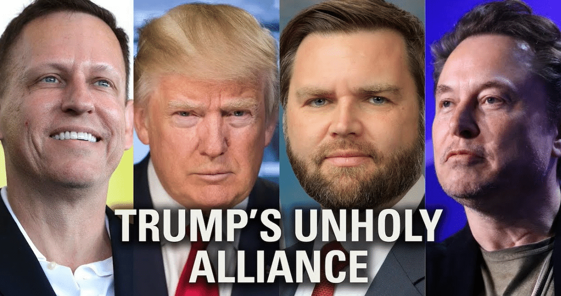 Thiel, Trump, Vance, and Musk pictured as the unholy alliance.