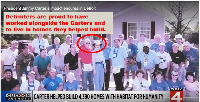 Jimmy Carter working with people to build houses in Detroit