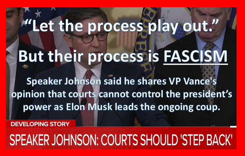 The GOP coup process is fascism, picture of Speaker Johnson calling for courts to let the process play out - but the process is fascism